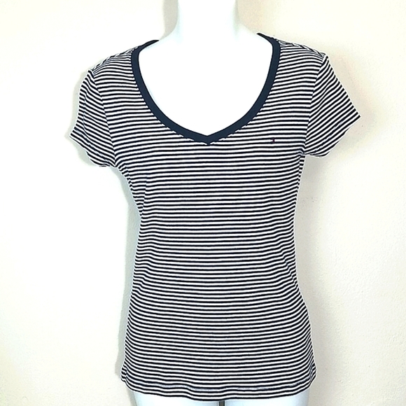 Tommy Hilfiger Top striped t shirt short sleeve Logo Scoop V Neck Stretch Preppy - Picture 1 of 8